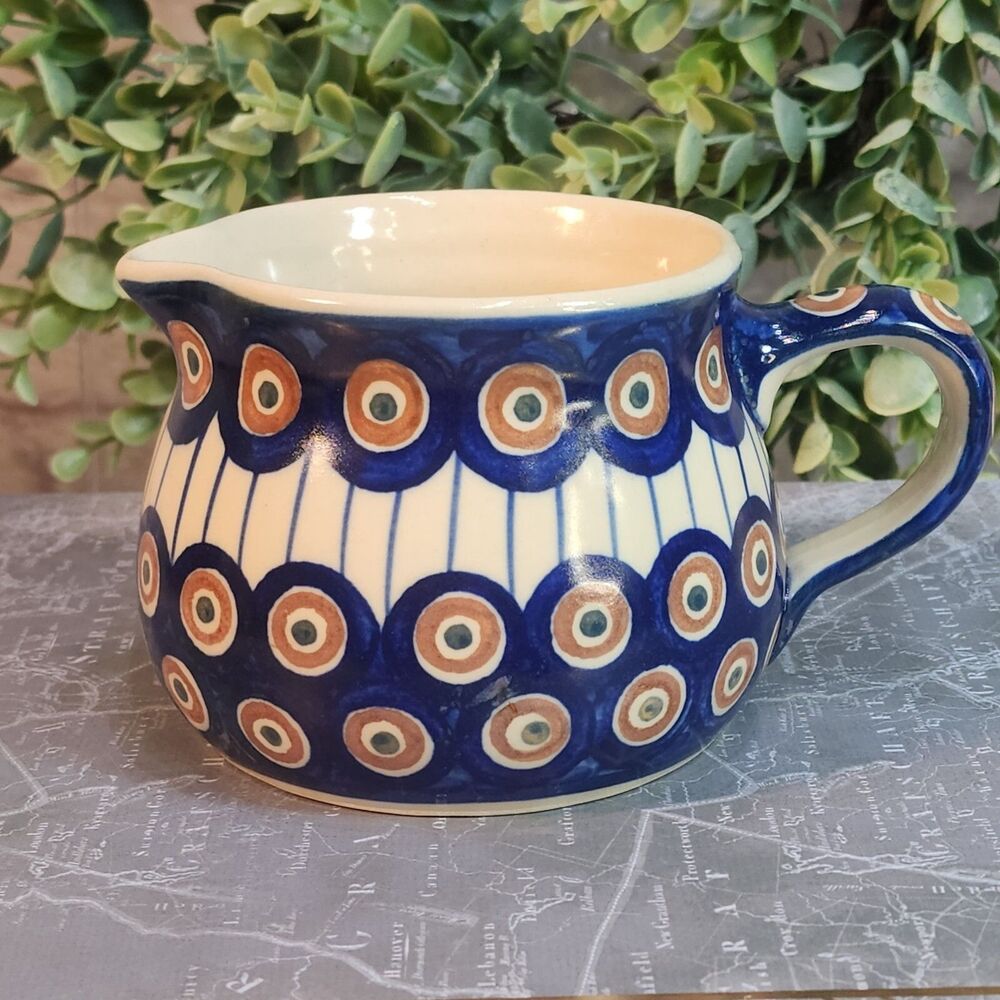 Small Boleslawaiec Polish Handpainted Pitcher Peacock design. 3.5" High.